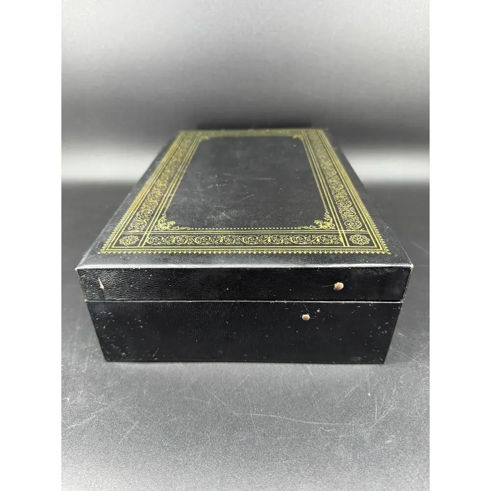 Vintage 1950s Jewelry Box Black Gold Tooled Red Velvet Lift Tray 12.5